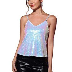 NWT Allegra K Flower Sequin Holographic Iridescent Tank Top L